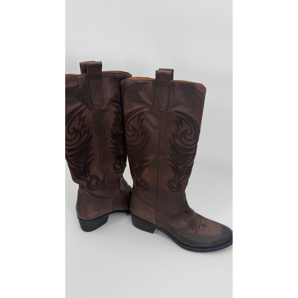 Grey Mer Italian Leather Western‎ Boots Women 41 Brown Embroidered Tall Country - Picture 3 of 14